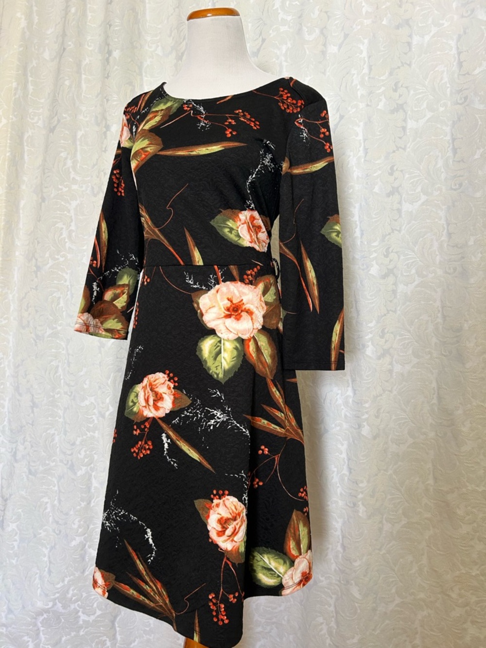 Designer Black Floral A-Line Dress with Peach Roses